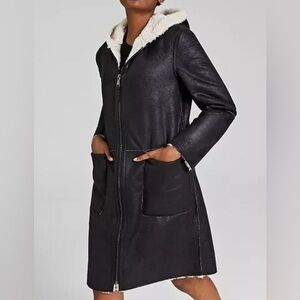 DKNY Black Hooded Faux-Shearling Coat